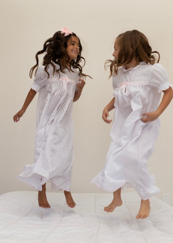 Girls Nightgown in White with Pink Ribbon Inlay Classic Girl